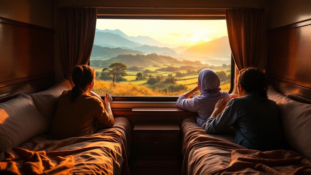 Vietnamese night train sleeper car with passengers looking out the window