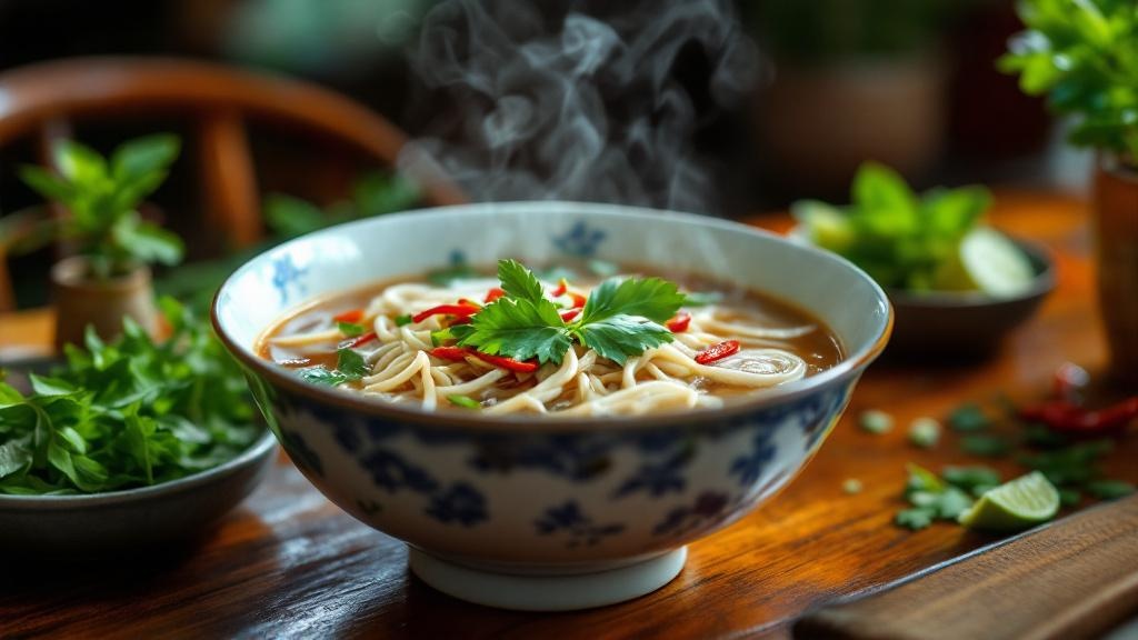 Bowl of pho with fresh herbs, lime and chili in a Hanoi restaurant