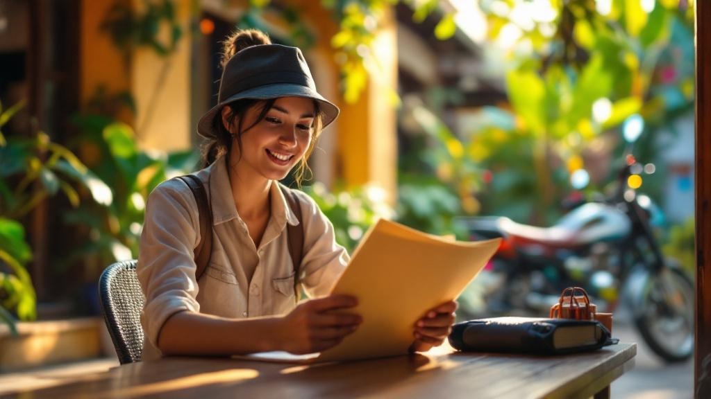 Traveler reviewing travel insurance documents at a Vietnamese guesthouse