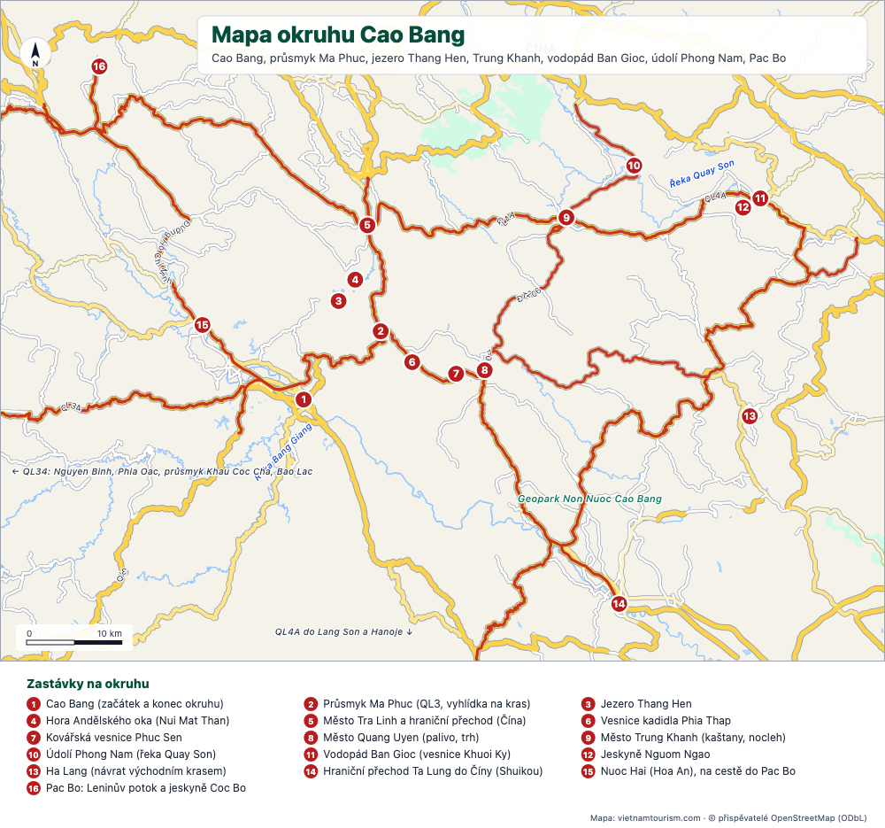 Mapa okruhu Cao Bang se zvýrazněnými silnicemi a očíslovanými zastávkami z města Cao Bang k vodopádům Ban Gioc
