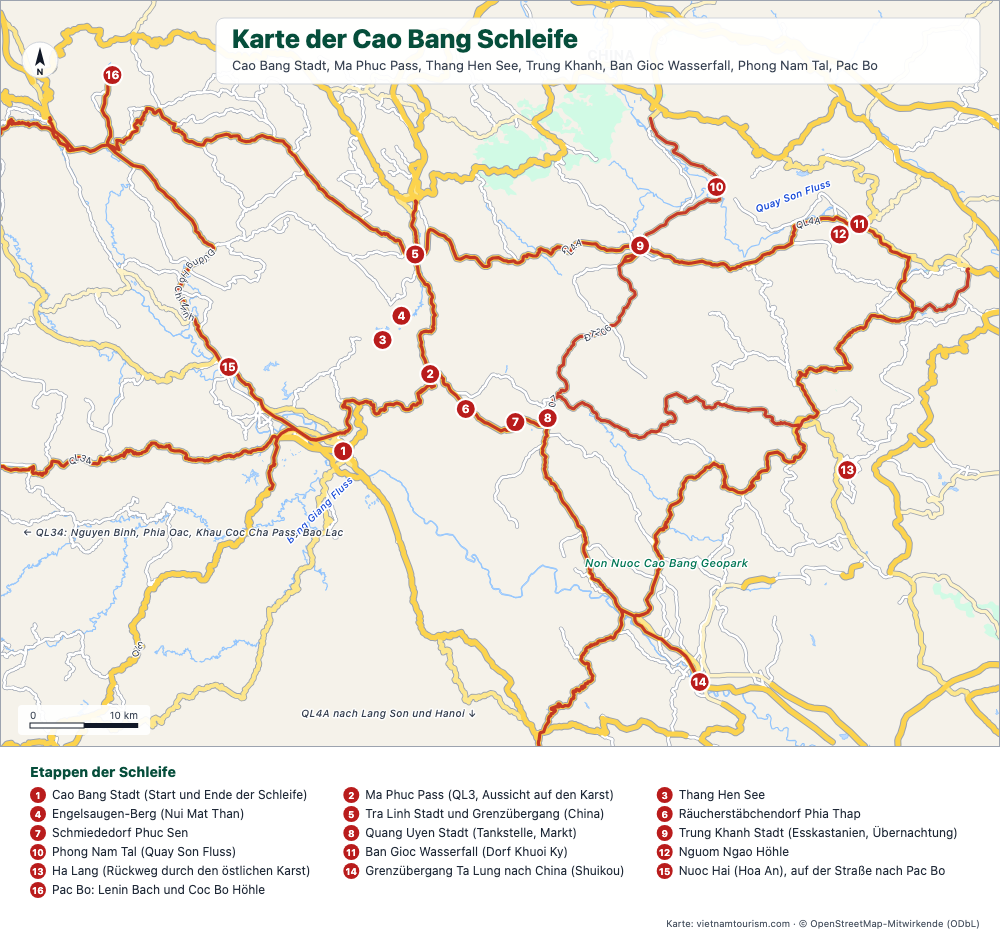 Karte der Cao-Bang-Schleife mit hervorgehobenen Straßen und nummerierten Etappen von Cao Bang zu den Ban-Gioc-Wasserfällen