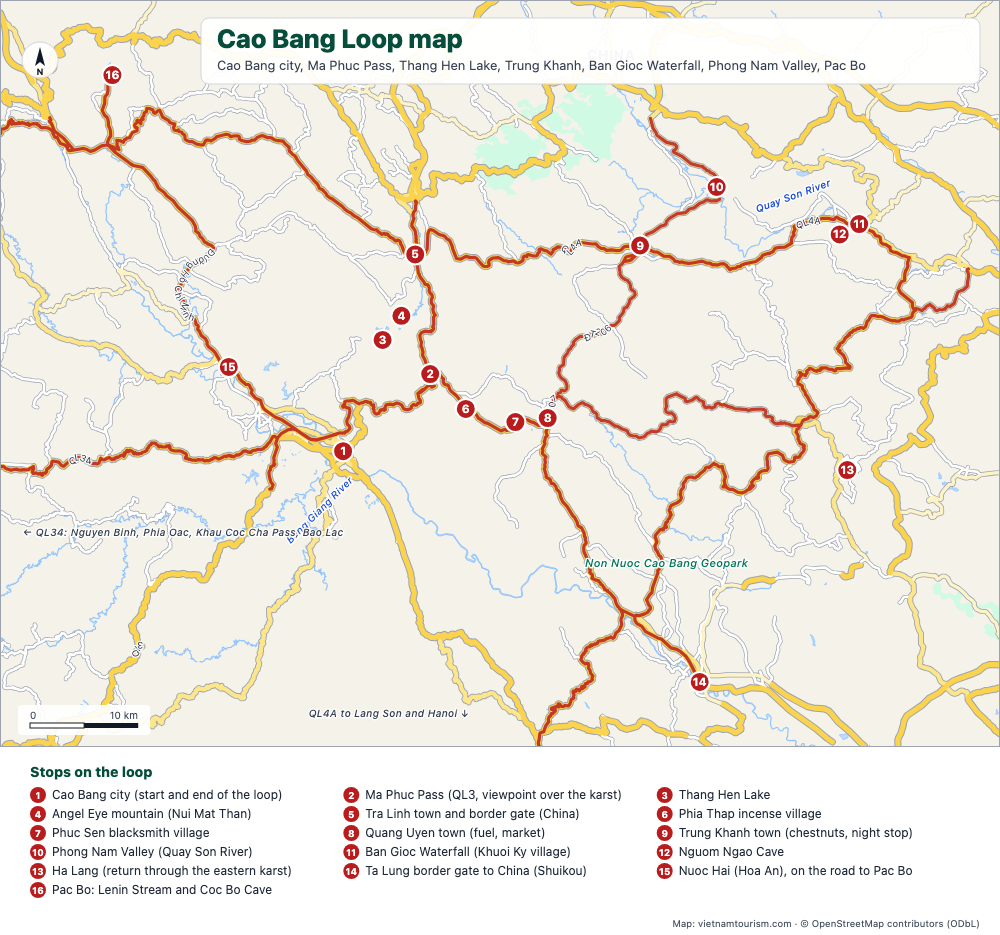 Map of the Cao Bang Loop with the roads highlighted and numbered stops from Cao Bang city to Ban Gioc Waterfall