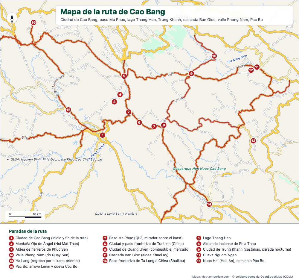 Mapa del circuito de Cao Bang con las carreteras resaltadas y las paradas numeradas desde la ciudad de Cao Bang hasta la cascada de Ban Gioc