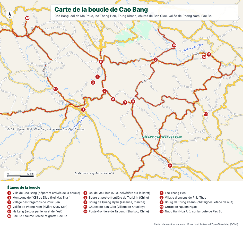 Carte de la boucle de Cao Bang avec les routes surlignées et les étapes numérotées de Cao Bang aux chutes de Ban Gioc