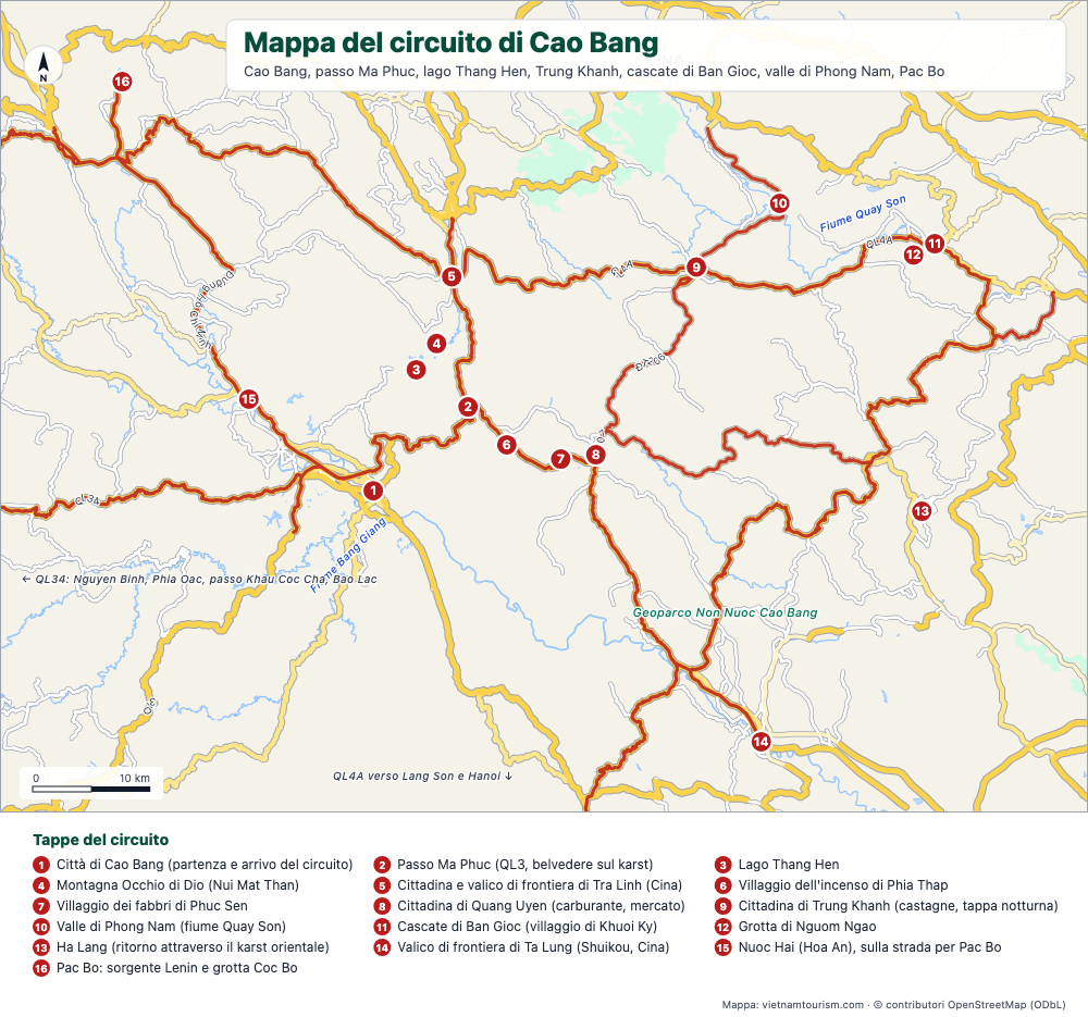 Mappa dell'Anello di Cao Bang con le strade evidenziate e le tappe numerate dalla città di Cao Bang alle cascate di Ban Gioc