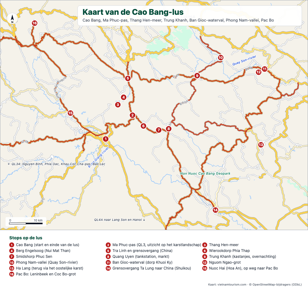 Kaart van de Cao Bang Loop met gemarkeerde wegen en genummerde stops van Cao Bang stad naar de Ban Gioc-waterval