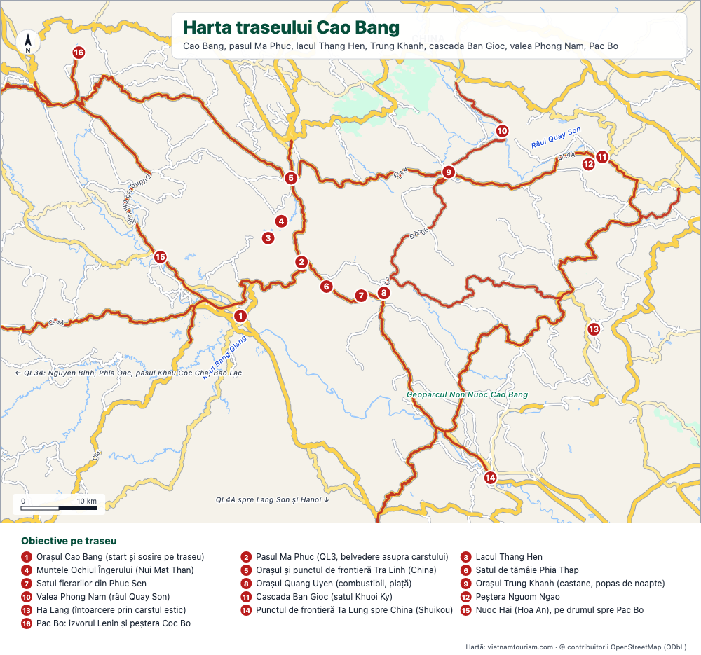 Hartă a buclei Cao Bang cu drumurile evidențiate și opriri numerotate de la orașul Cao Bang la Cascada Ban Gioc