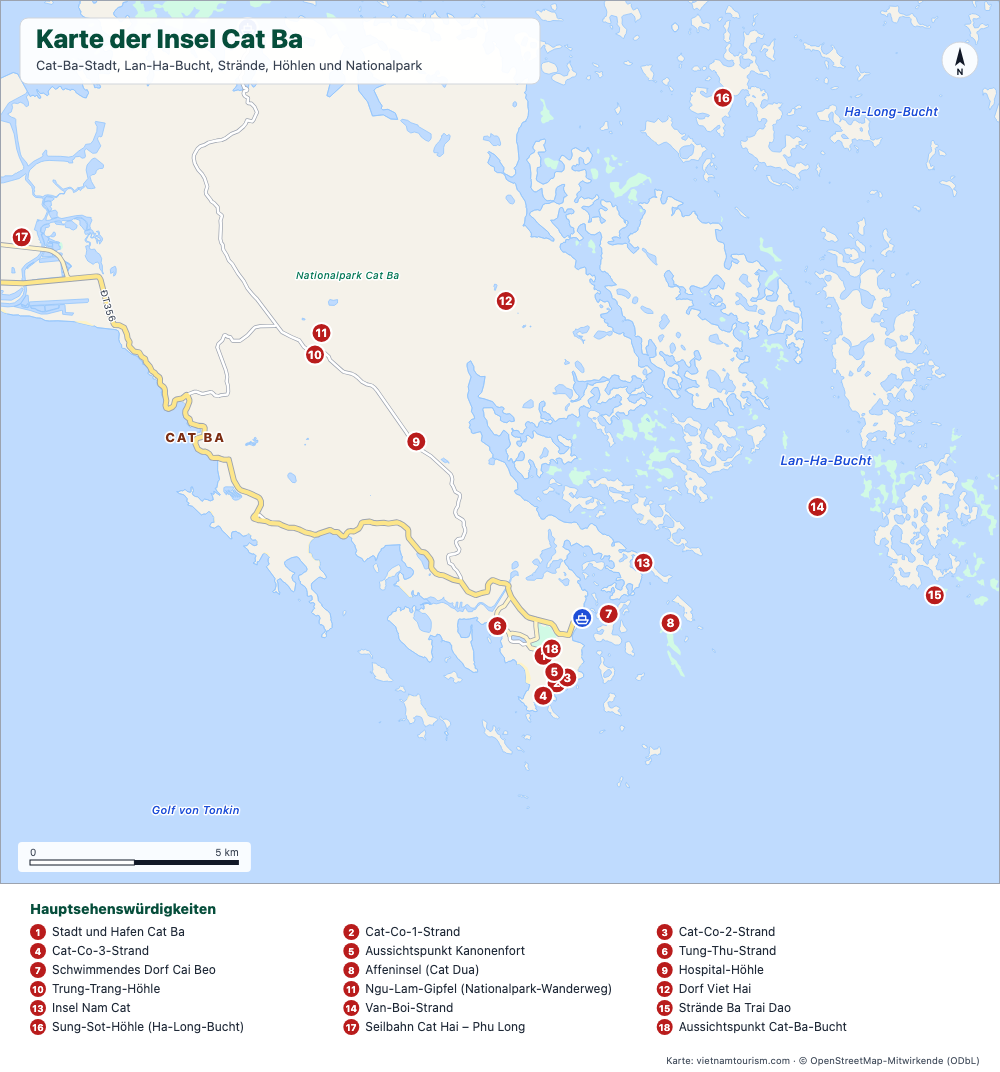 Karte der Insel Cat Ba mit der Stadt, Stränden, Lan Ha Bucht und 20 nummerierten Orten