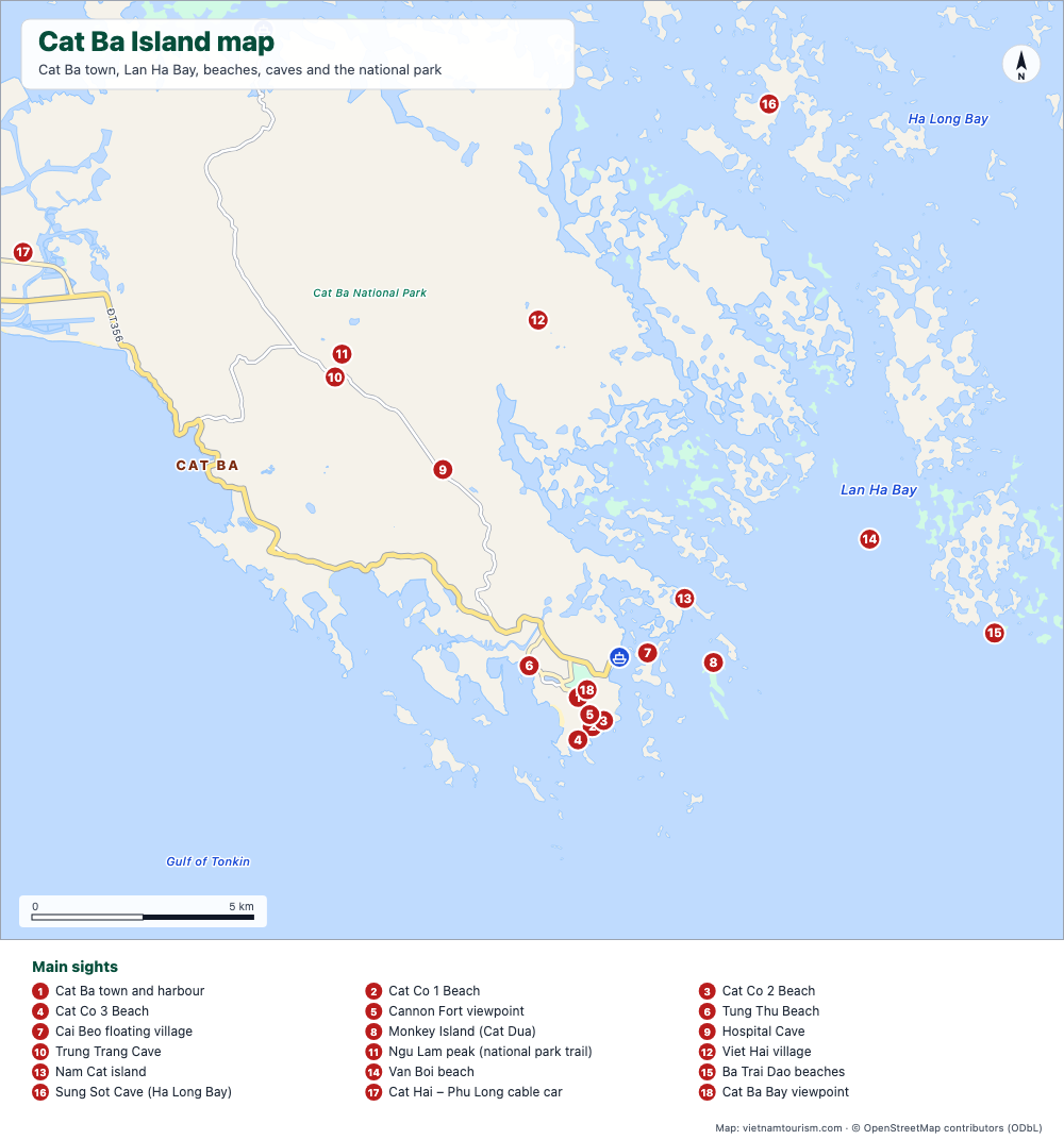 Map of Cat Ba Island with the town, beaches, Lan Ha Bay and 20 numbered places