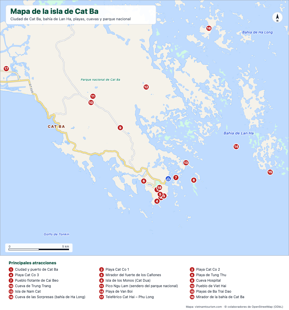 Mapa de la isla de Cat Ba con la ciudad, las playas, la bahía de Lan Ha y 20 lugares numerados