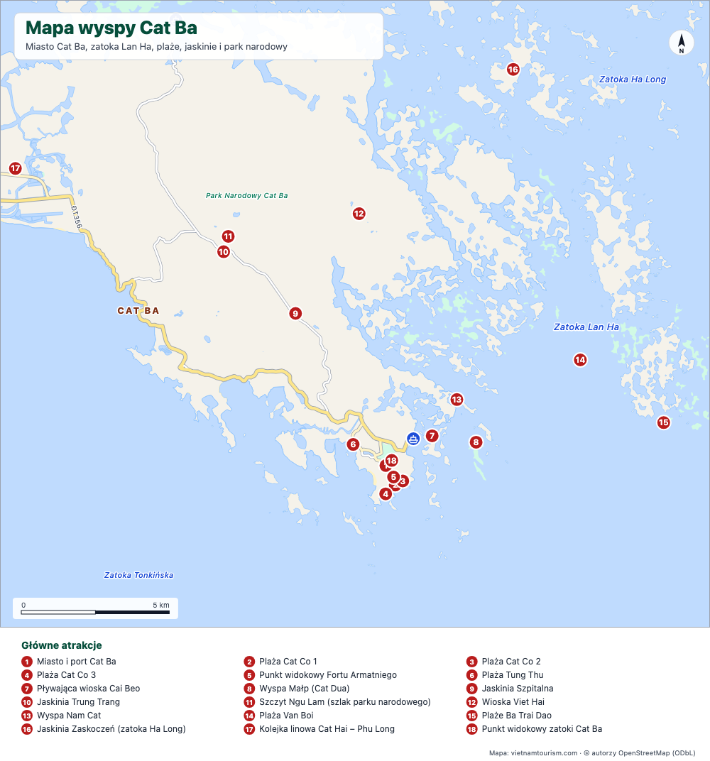 Mapa wyspy Cat Ba z miastem, plażami, zatoką Lan Ha i 20 ponumerowanymi miejscami
