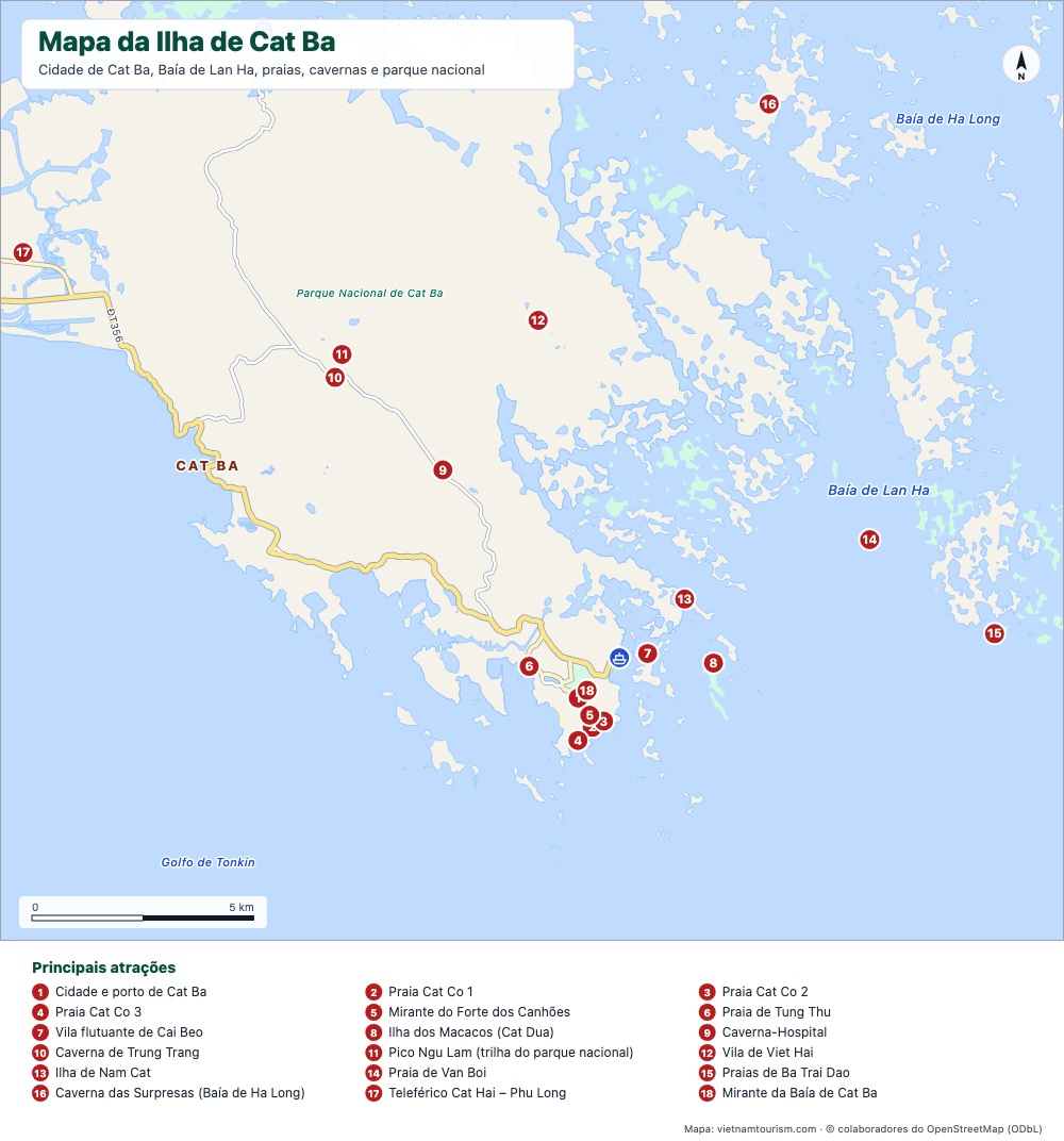 Mapa da Ilha de Cat Ba com a cidade, praias, baía de Lan Ha e 20 lugares numerados