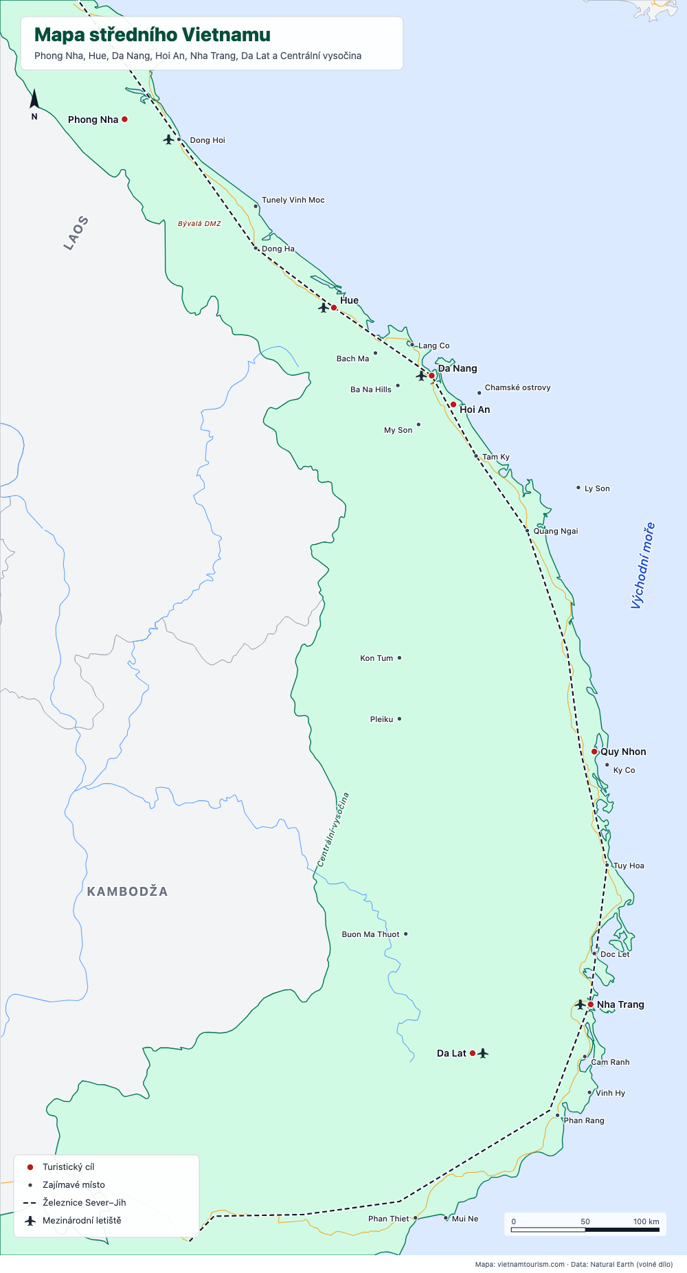 Mapa středního Vietnamu s 30 destinacemi, železnicí a hlavními silnicemi