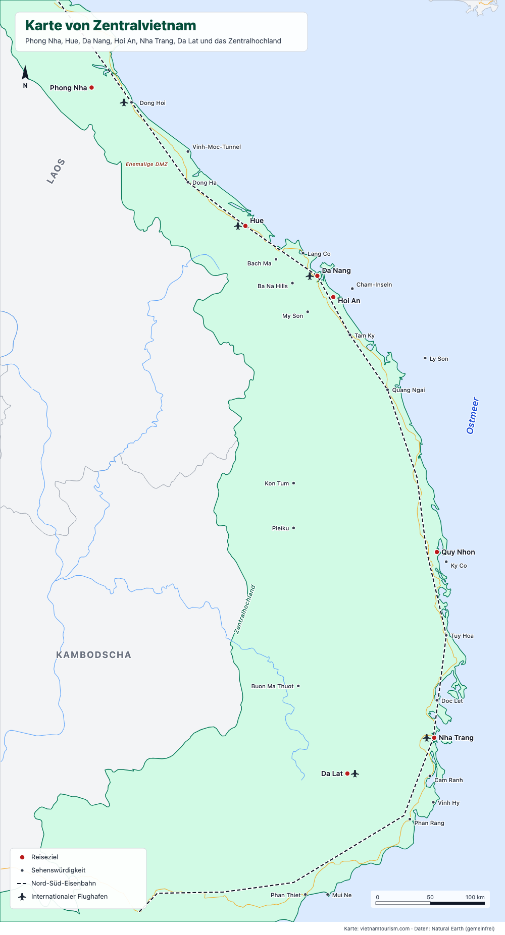 Karte von Zentralvietnam mit 30 Zielen, der Bahnstrecke und den Hauptstraßen