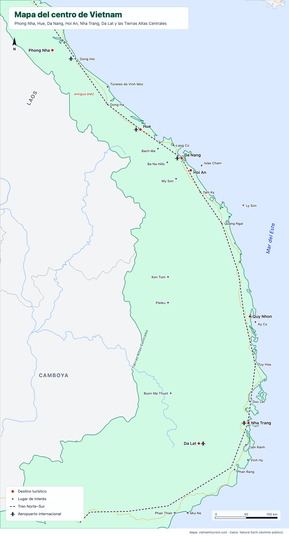 Mapa del Centro de Vietnam con 30 destinos, el ferrocarril y las carreteras principales