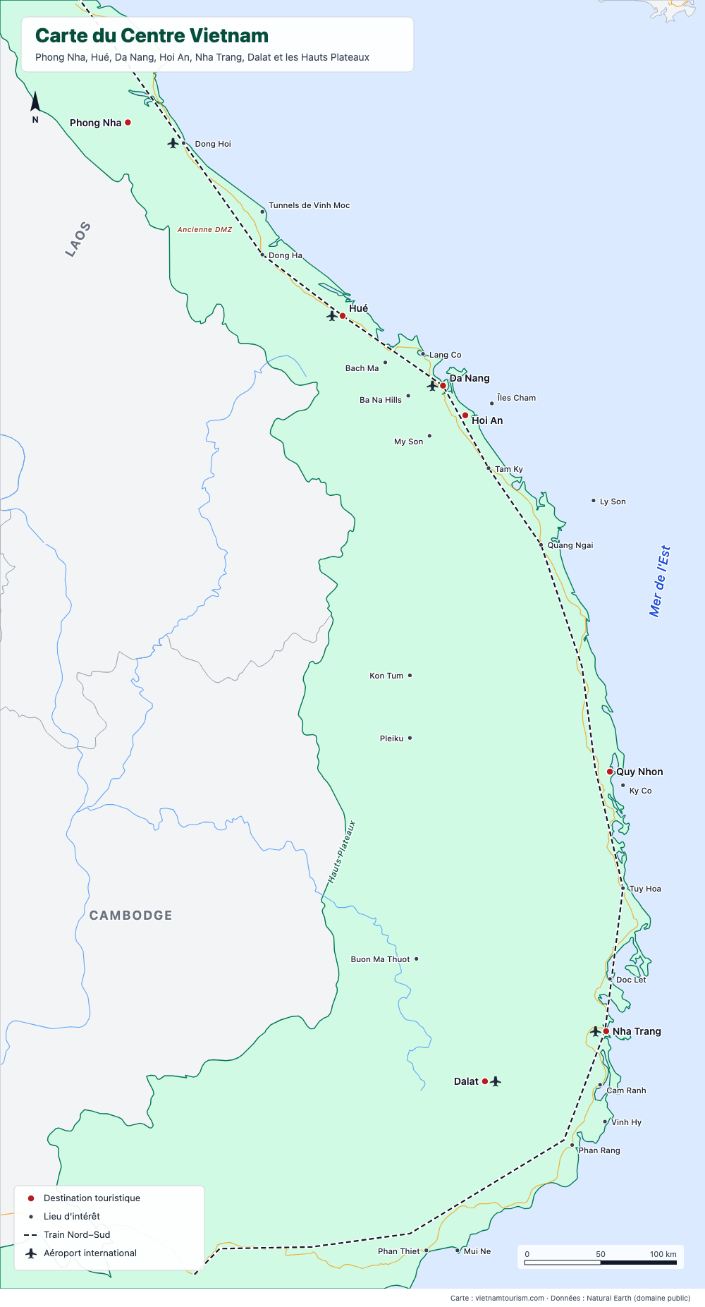Carte du Centre Vietnam avec 30 destinations, le train et les routes principales