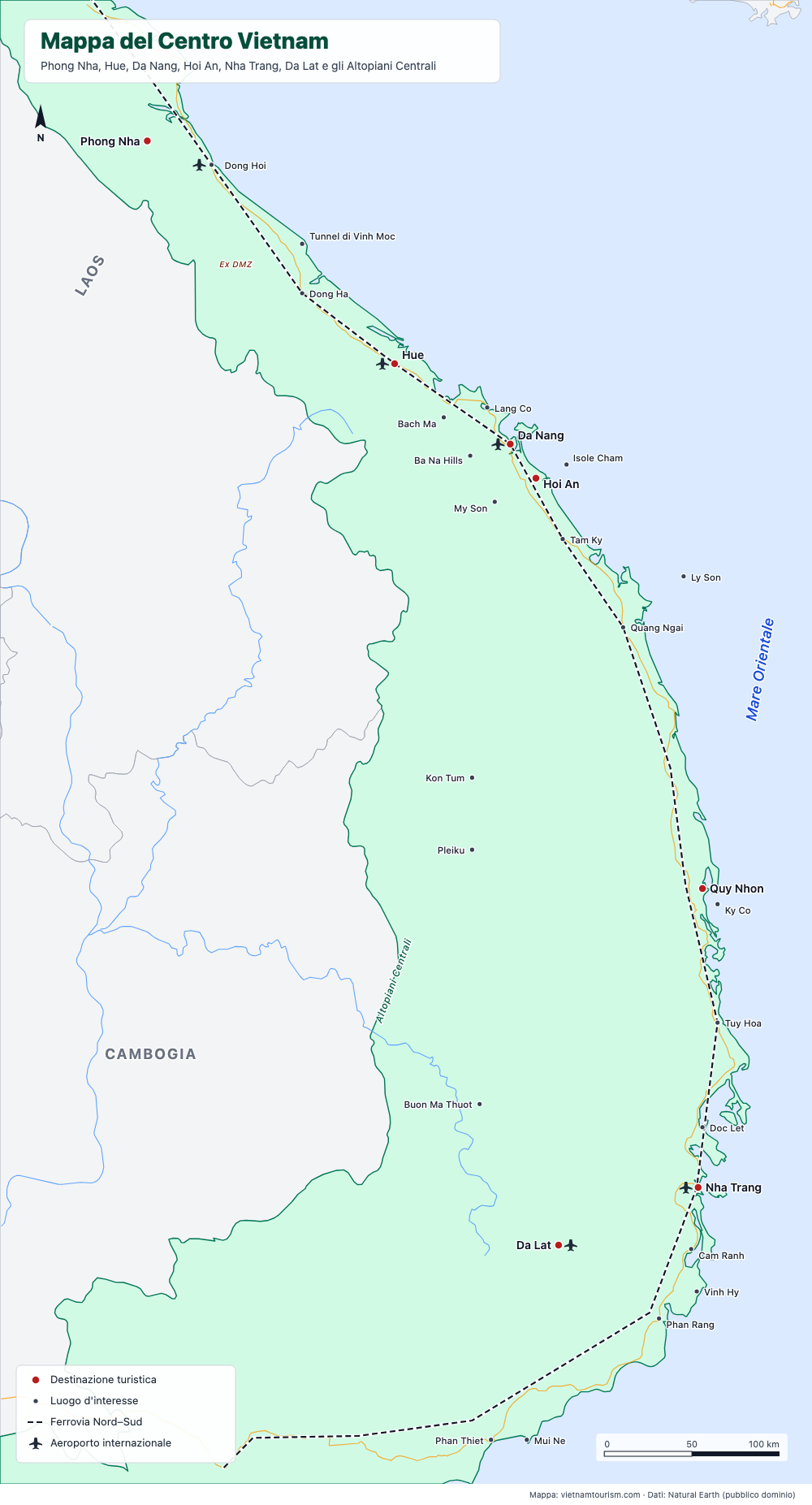Mappa del Vietnam Centrale con 30 destinazioni, la ferrovia e le strade principali