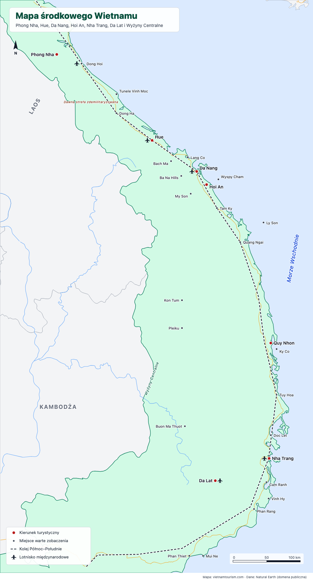 Mapa Wietnamu Centralnego z 30 celami podróży, koleją i głównymi drogami