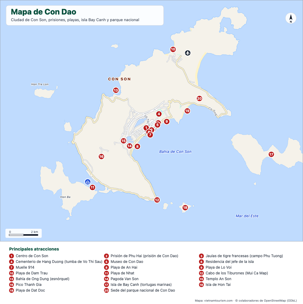 Mapa de Con Dao con la ciudad de Con Son, playas, prisiones y 22 lugares numerados