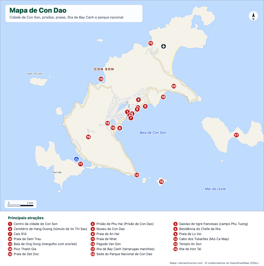 Mapa de Con Dao com a cidade de Con Son, praias, prisões e 22 lugares numerados
