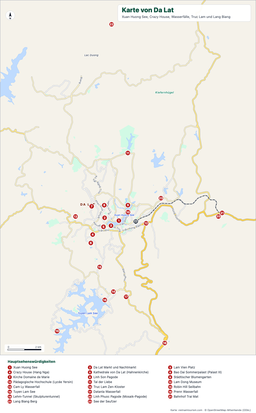Karte von Da Lat mit See, Wasserfällen, Pagoden und 24 nummerierten Orten