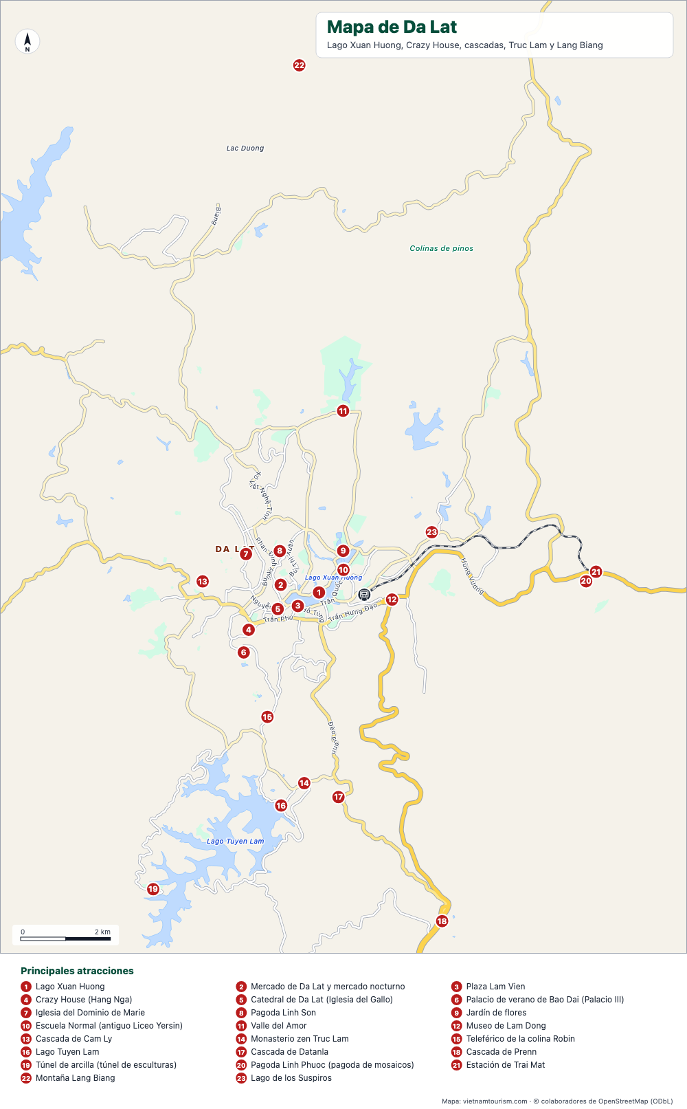 Mapa de Da Lat con el lago, cascadas, pagodas y 24 lugares numerados