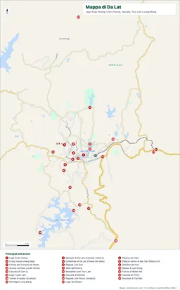 Mappa di Da Lat con il lago, le cascate, le pagode e 24 luoghi numerati