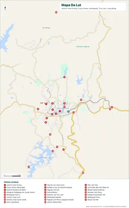 Mapa Da Lat z jeziorem, wodospadami, pagodami i 24 ponumerowanymi miejscami