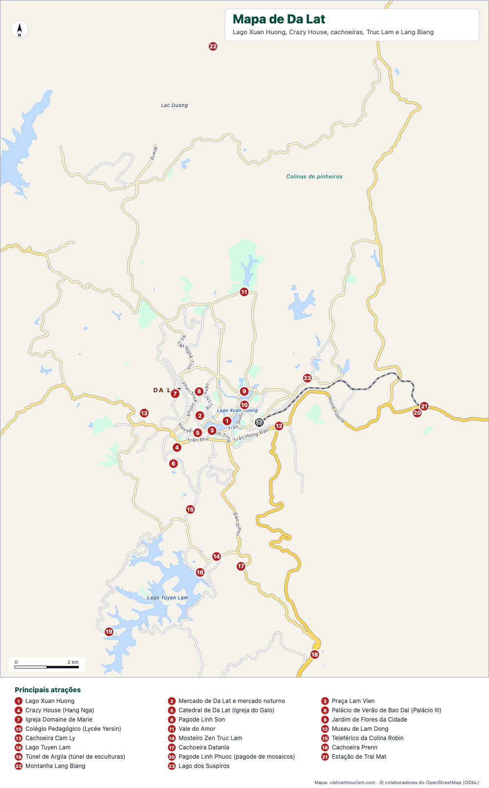 Mapa de Da Lat com o lago, cachoeiras, pagodes e 24 lugares numerados