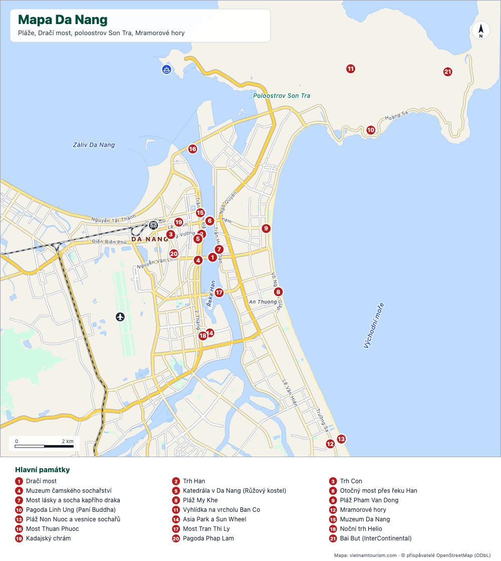 Mapa Da Nangu s plážemi, mosty, poloostrovem Son Tra a 24 očíslovanými místy