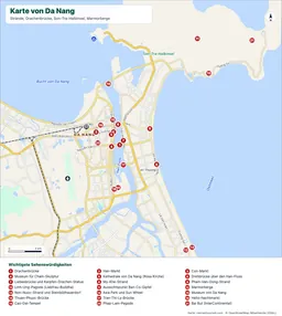 Karte von Da Nang mit Stränden, Brücken, Son Tra Halbinsel und 24 nummerierten Orten