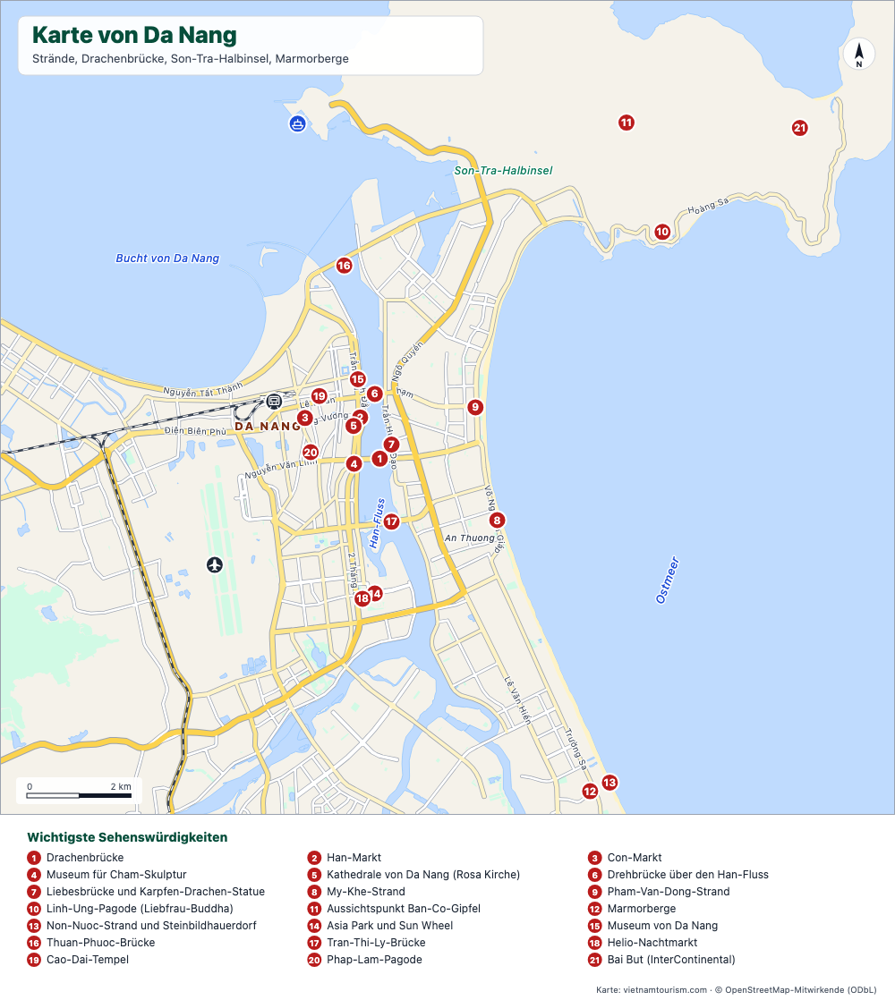 Karte von Da Nang mit Stränden, Brücken, Son Tra Halbinsel und 24 nummerierten Orten