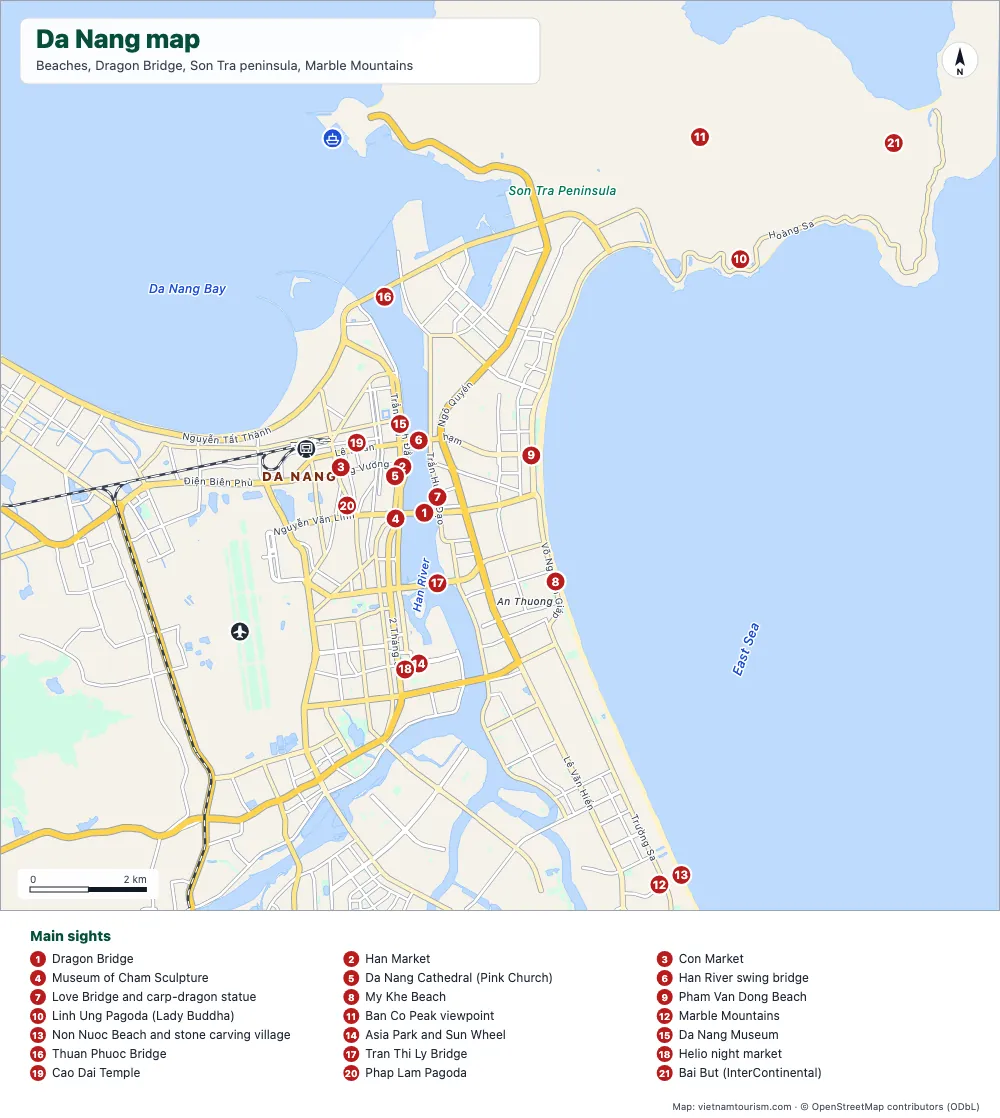 Dragon Bridge — Map of Da Nang with beaches, bridges, Son Tra peninsula and 24 numbered sights