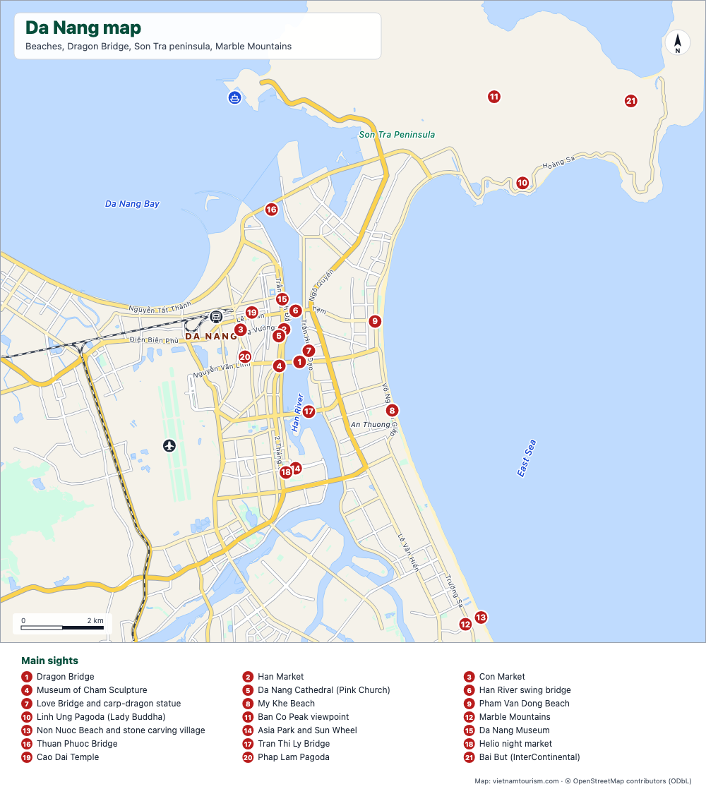 Map of Da Nang with beaches, bridges, Son Tra peninsula and 24 numbered sights