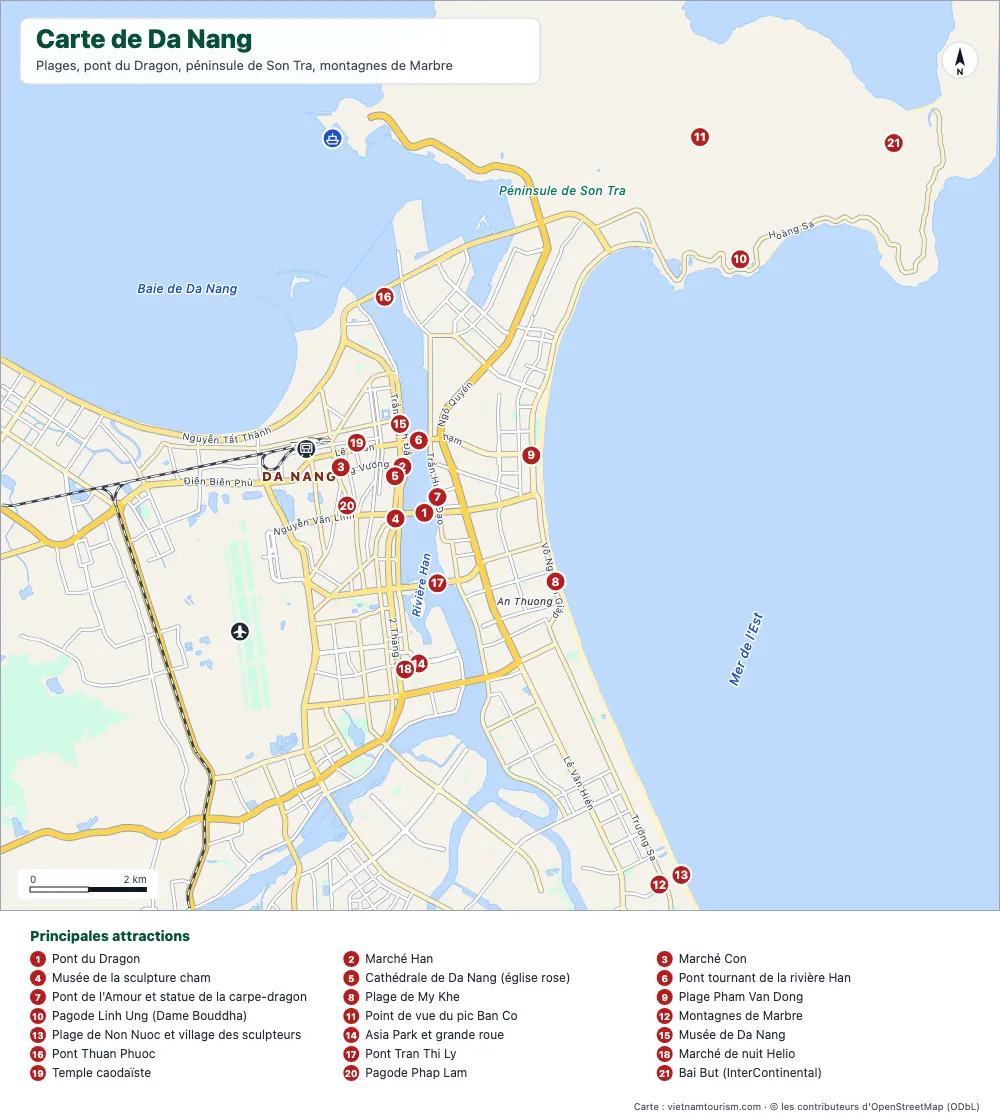Pont du Dragon — Carte de Da Nang avec les plages, les ponts, la péninsule de Son Tra et 24 lieux numérotés