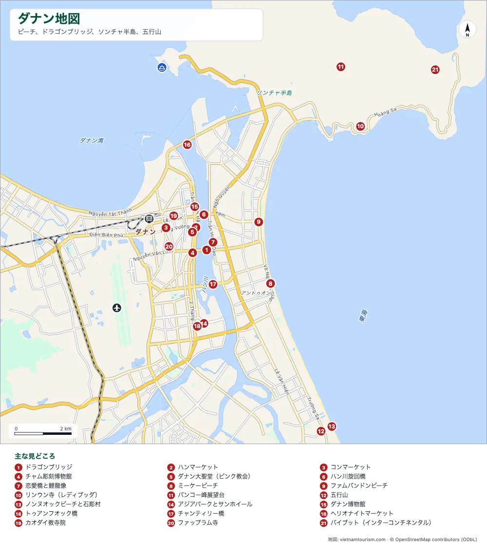 ドラゴンブリッジ — ビーチ、橋、ソンチャー半島、24の番号付きスポットを載せたダナン地図