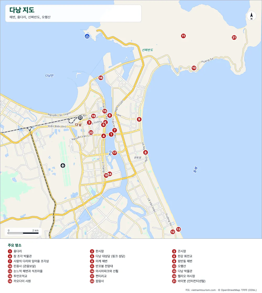 용다리 — 해변, 다리, 선짜 반도와 24개 명소가 표시된 다낭 지도