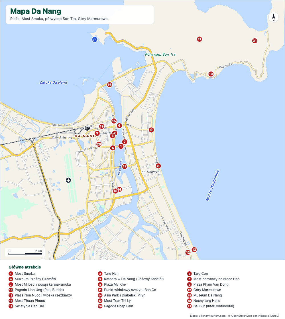 Mapa Da Nang z plażami, mostami, półwyspem Son Tra i 24 ponumerowanymi miejscami