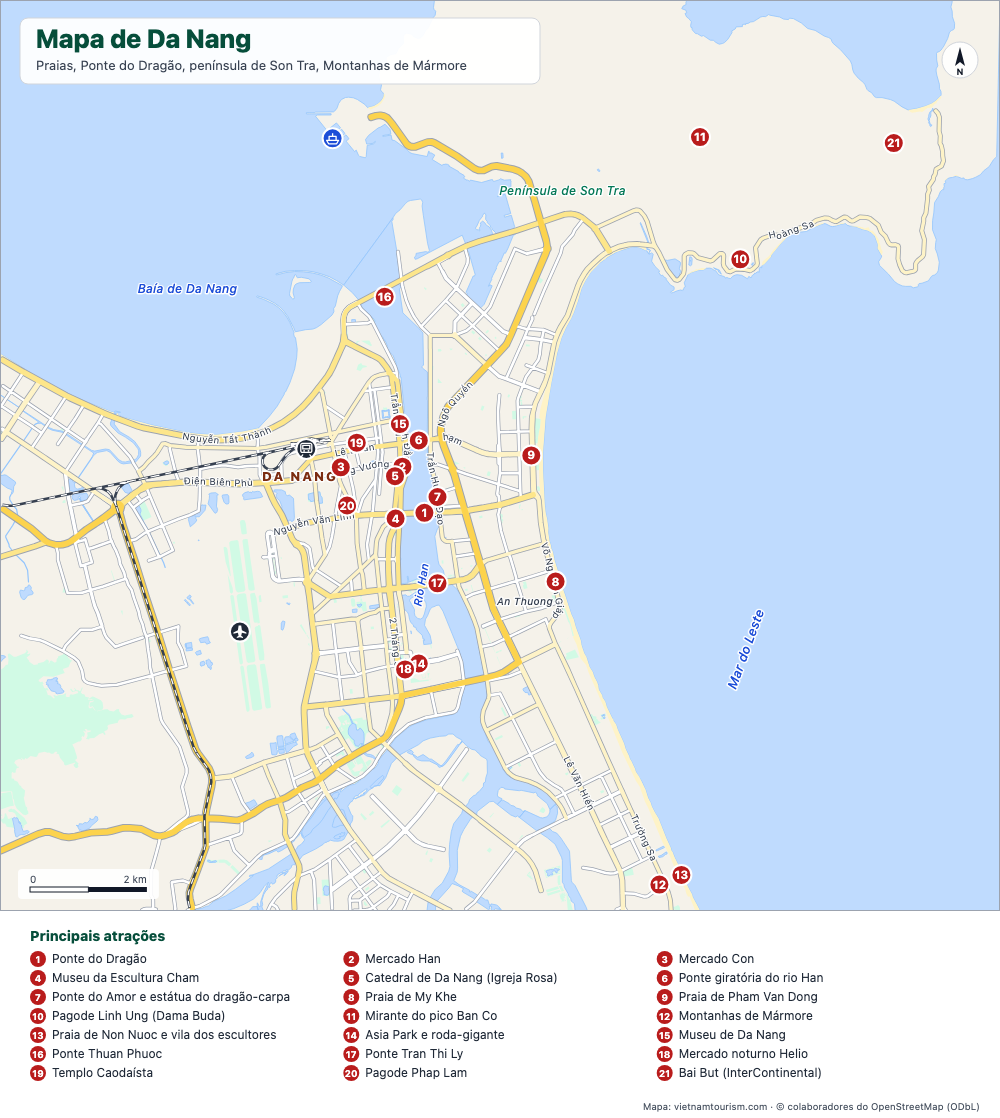 Mapa de Da Nang com praias, pontes, península de Son Tra e 24 pontos numerados