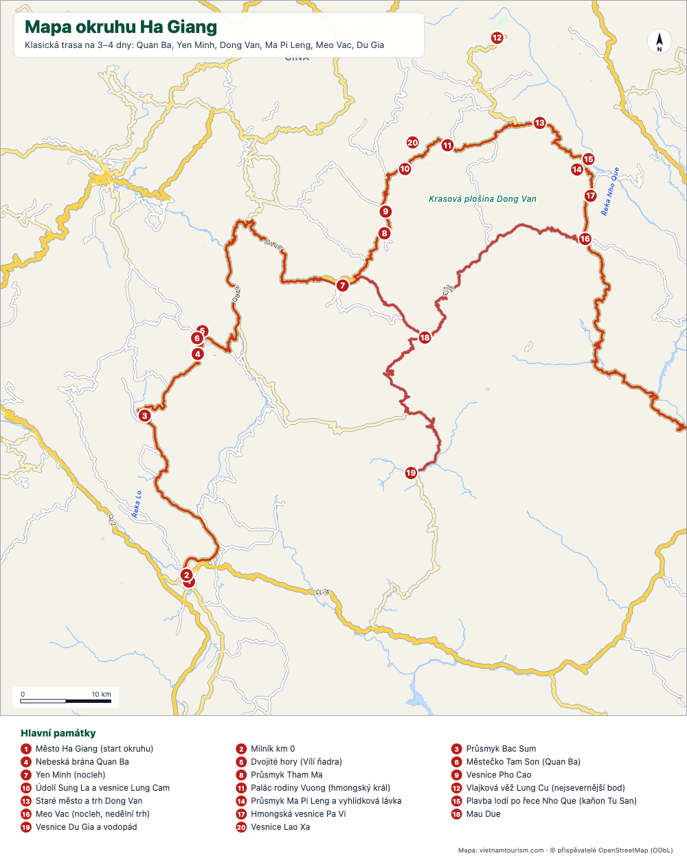 Mapa okruhu Ha Giang se zvýrazněnou trasou a 20 číslovanými zastávkami