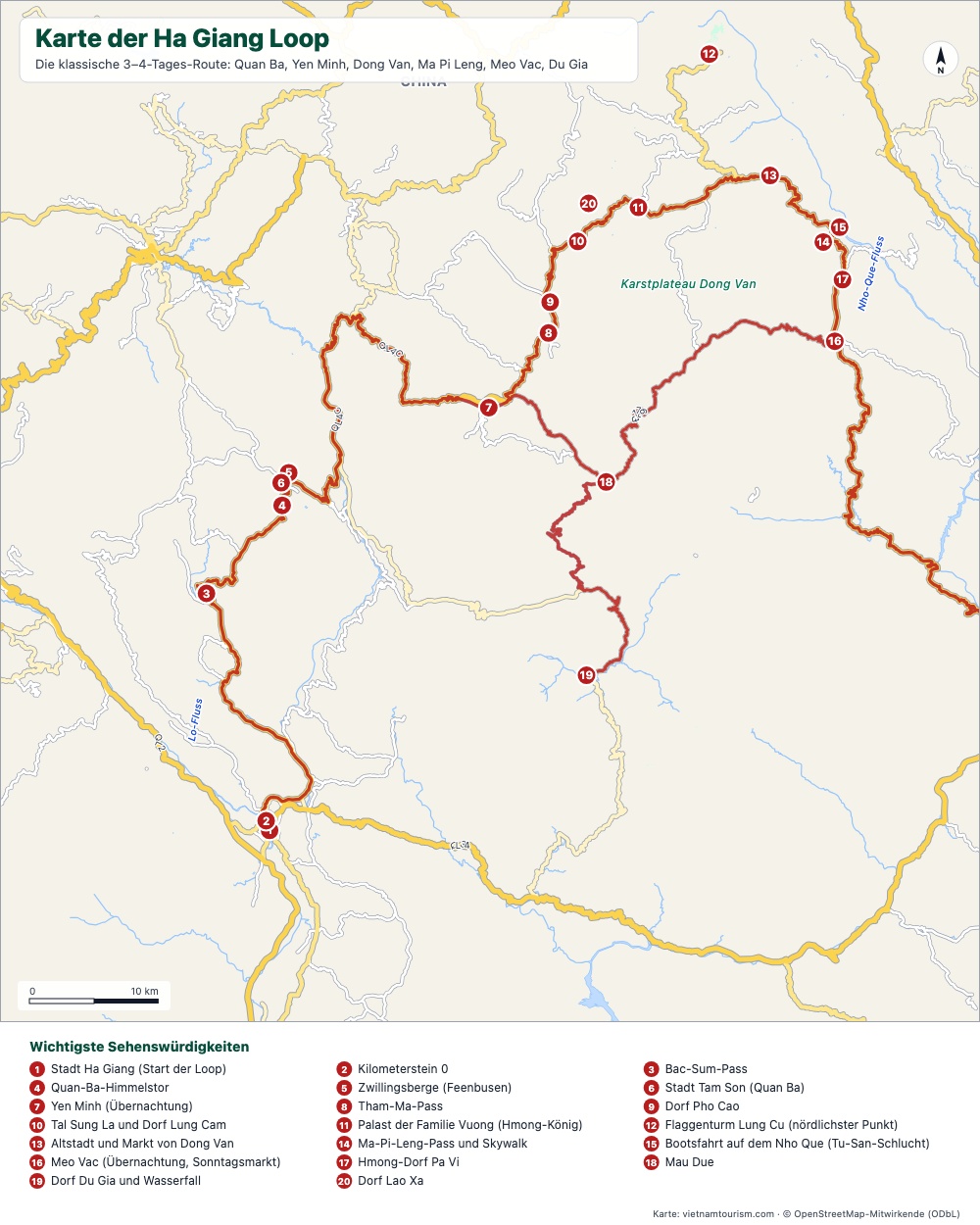 Karte der Ha Giang Loop mit hervorgehobener Route und 20 nummerierten Stopps