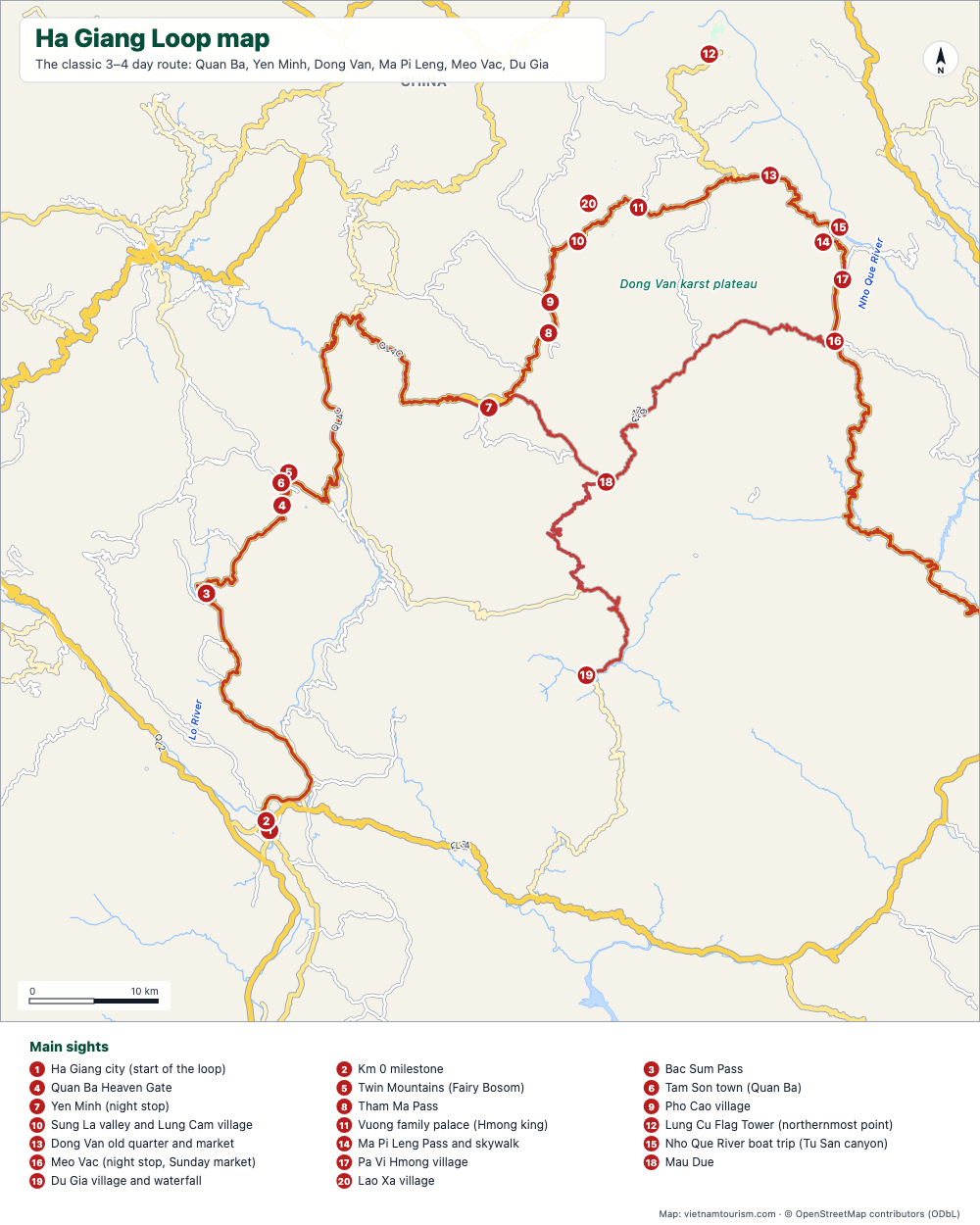 Map of the Ha Giang Loop with the route highlighted and 20 numbered stops