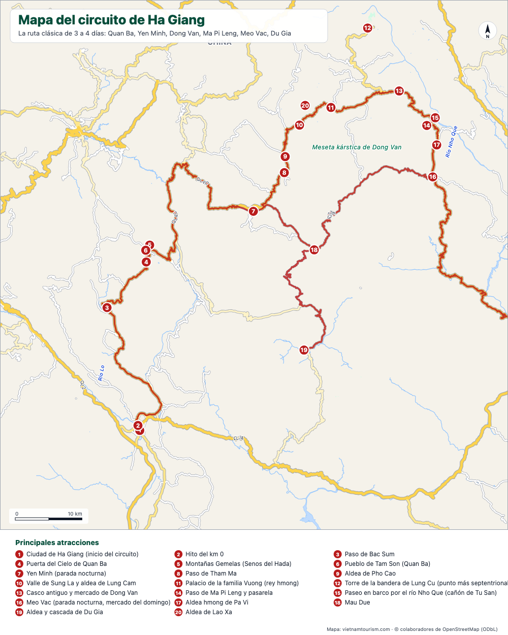 Mapa del Ha Giang Loop con la ruta resaltada y 20 paradas numeradas