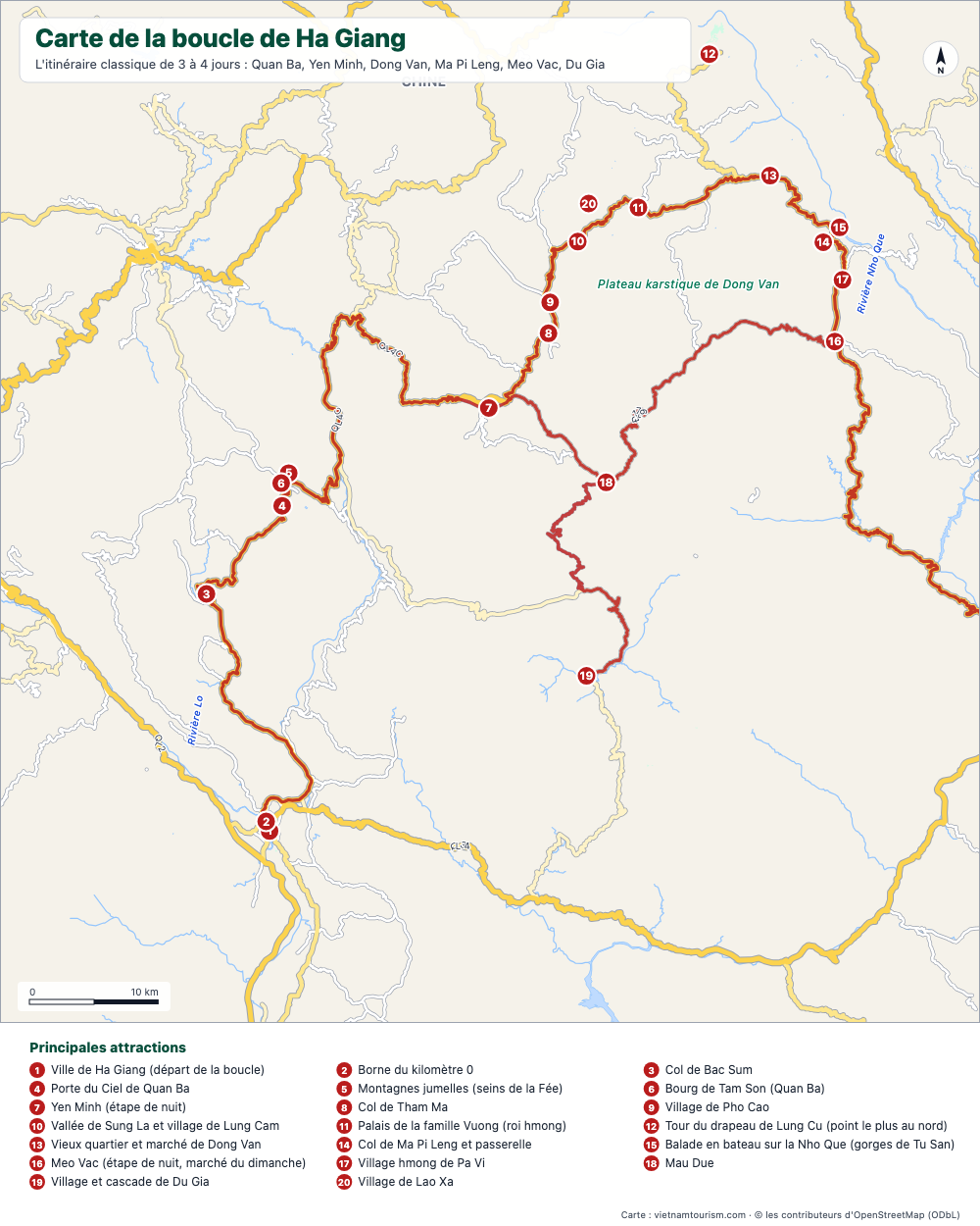 Carte de la boucle de Ha Giang avec l'itinéraire surligné et 20 étapes numérotées