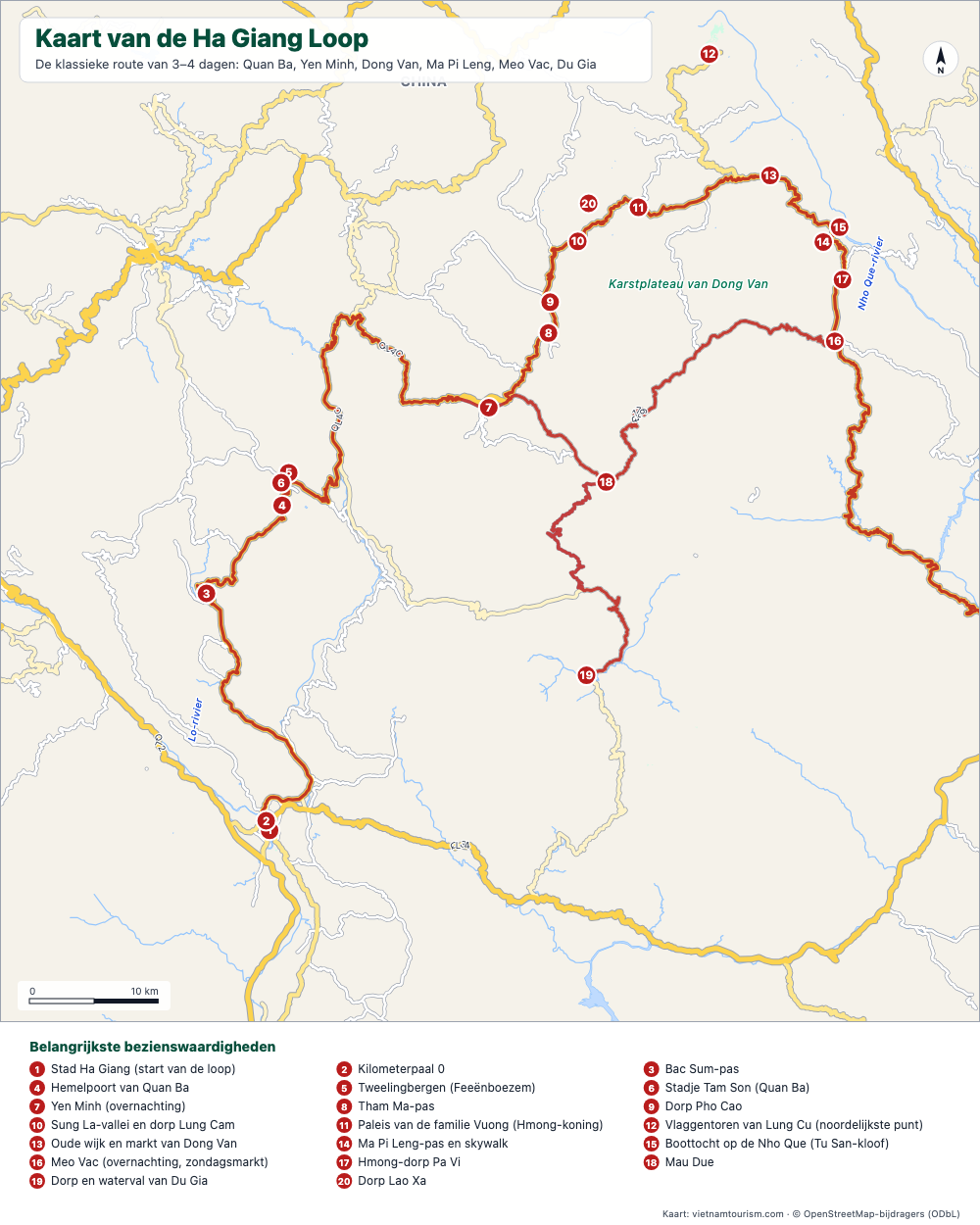 Kaart van de Ha Giang Loop met de gemarkeerde route en 20 genummerde stops
