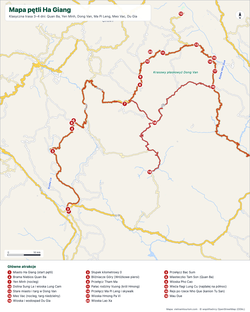 Mapa pętli Ha Giang z zaznaczoną trasą i 20 ponumerowanymi przystankami