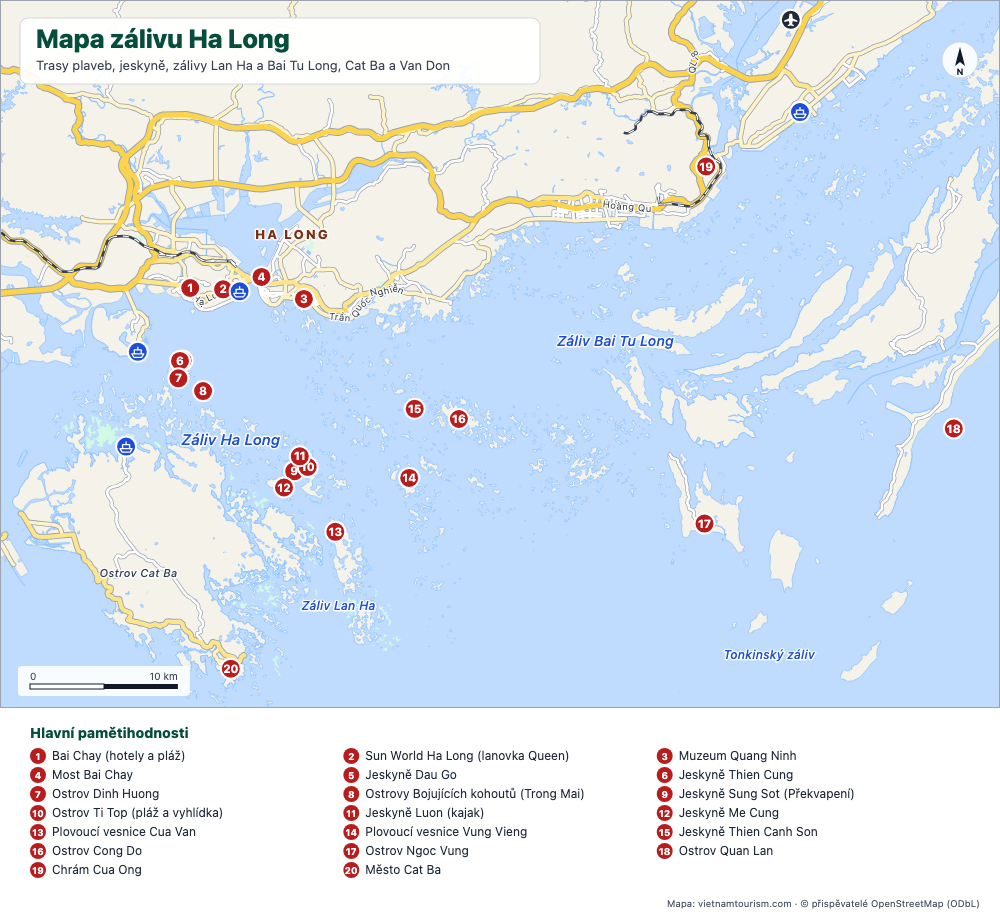 Mapa zátoky Ha Long, zátoky Lan Ha a zátoky Bai Tu Long s 25 očíslovanými místy