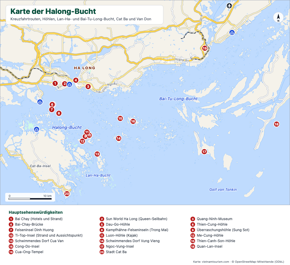 Karte der Halong-Bucht, der Lan-Ha-Bucht und der Bai-Tu-Long-Bucht mit 25 nummerierten Orten