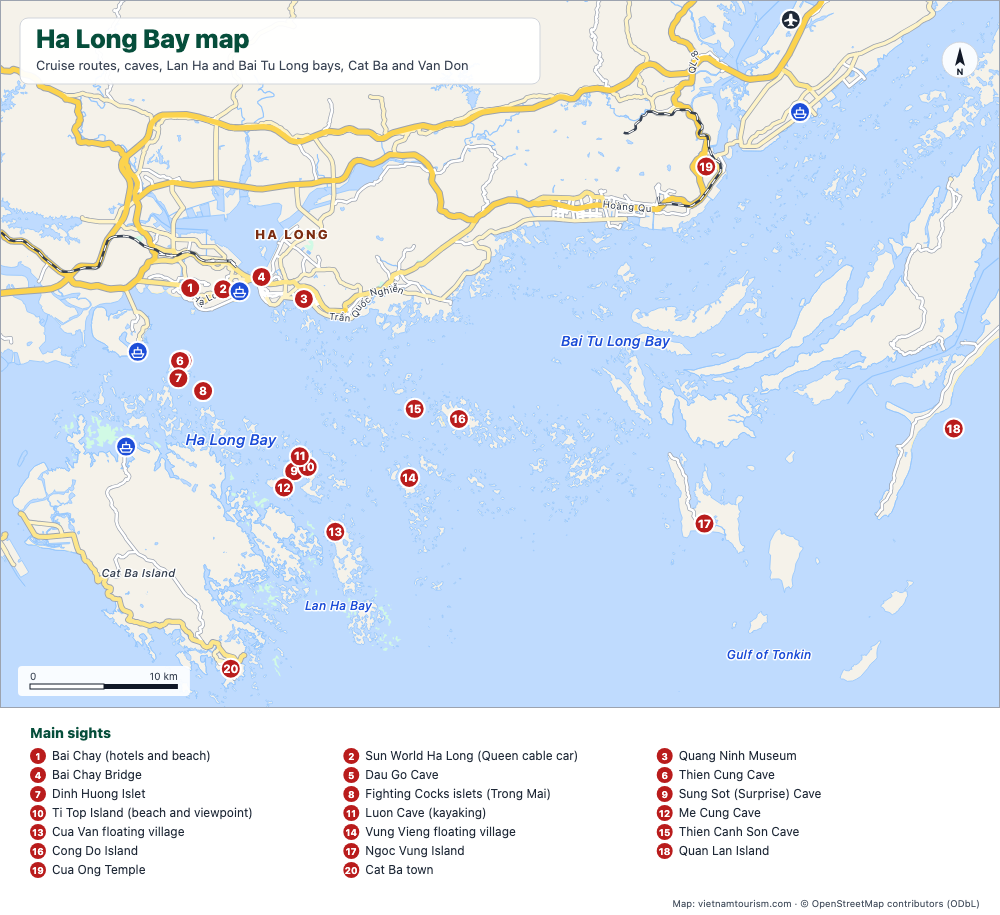 Map of Ha Long Bay, Lan Ha Bay and Bai Tu Long Bay with 25 numbered places