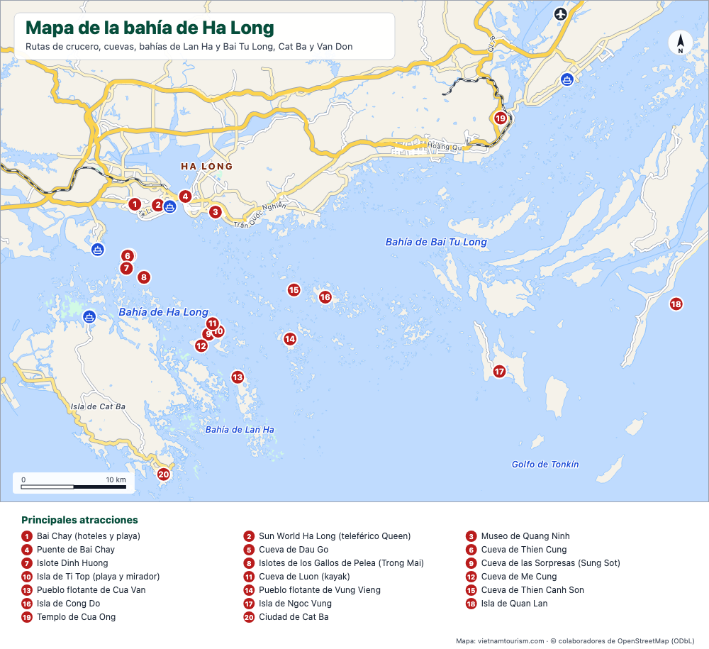 Mapa de la bahía de Ha Long, la bahía de Lan Ha y la bahía de Bai Tu Long con 25 lugares numerados